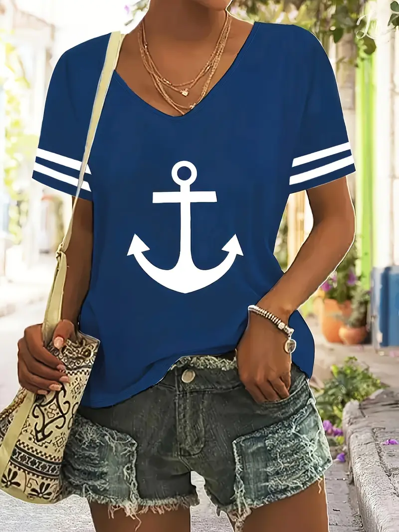 Women's Anchor Short Sleeve Tee T-shirt V Neck Printing Casual Summer Graphic Tee Top