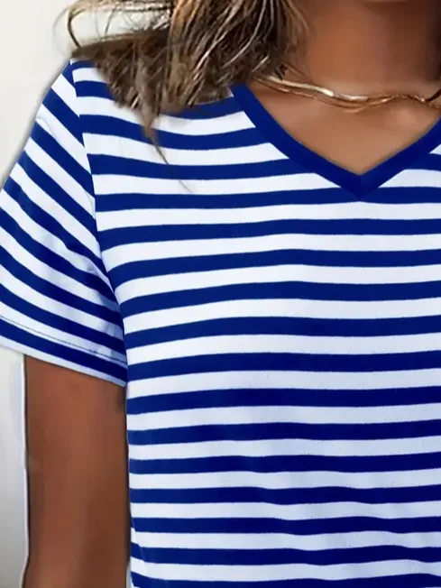 Women's Striped Short Sleeve Tee T-shirt V Neck Printing Casual Summer Graphic Tee Top