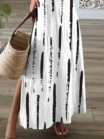 Women's Striped Short Sleeve Summer Printing Dress V Neck Daily Casual Maxi X-Line Dress