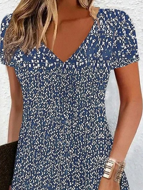 Women's Floral Short Sleeve Summer Printing Dress V Neck Daily Casual Knee Length T-Shirt Dress H-Line Dress