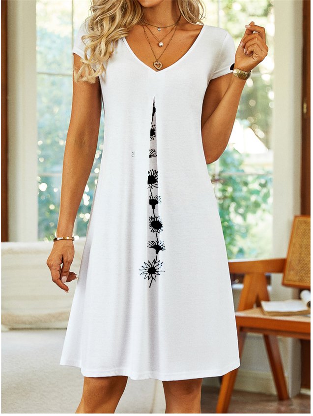 Women's Short Sleeve Summer Floral Printing Dress V Neck Daily Going Out Casual Knee Length T-Shirt Dress H-Line Dress