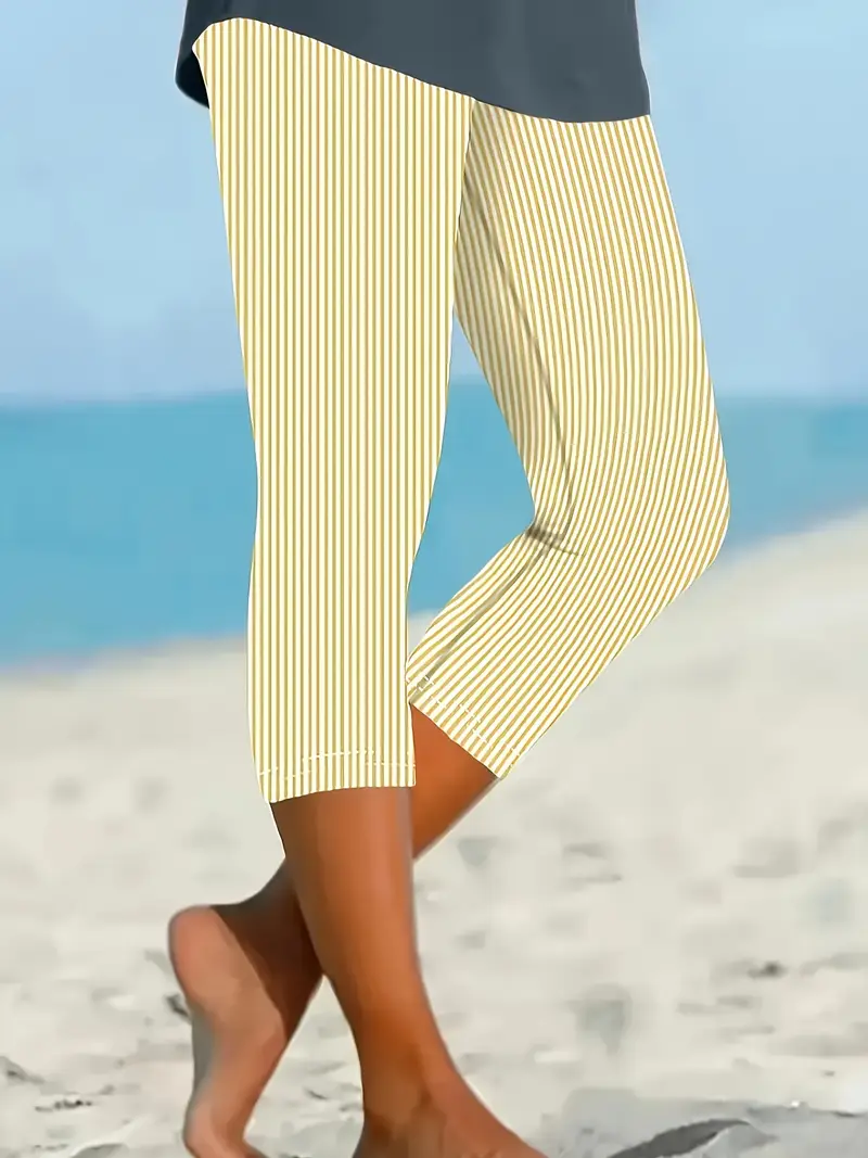 Women's Striped Capris Elastic Waist Pant Casual Summer Trousers