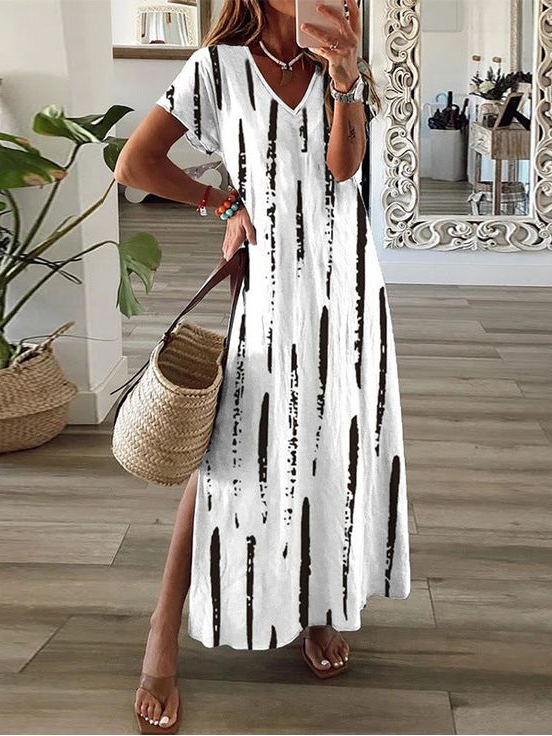 Women's Striped Short Sleeve Summer Printing Dress V Neck Daily Casual Maxi X-Line Dress