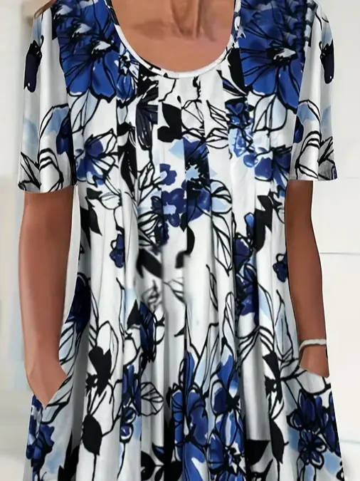 Women's Floral Short Sleeve Summer Printing Dress Crew Neck Daily Casual Midi Fit & Flare Dress H-Line Dress