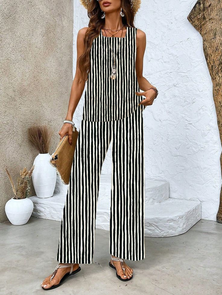 Women's Striped Printing Two-Piece Set Daily Sleeveless Casual Summer Top With Pants Matching Set