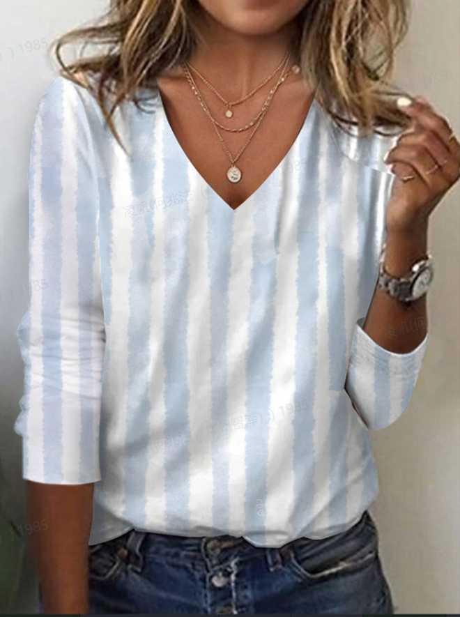 Women's Striped Long Sleeve Tee T-shirt V Neck Printing Casual Spring/Fall Graphic Tee Top