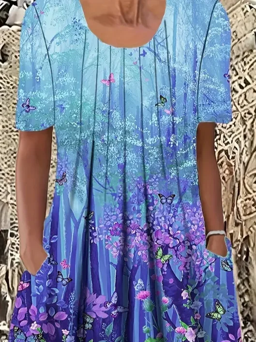 Women's Floral Short Sleeve Summer Printing Dress Crew Neck Daily Casual Midi Fit & Flare Dress H-Line Dress