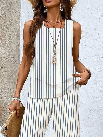 Women's Striped Printing Two-Piece Set Daily Sleeveless Casual Summer Top With Pants Matching Set