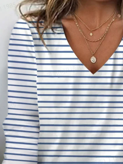 Women's Striped Long Sleeve Tee T-shirt V Neck Printing Casual Spring/Fall Graphic Tee Top