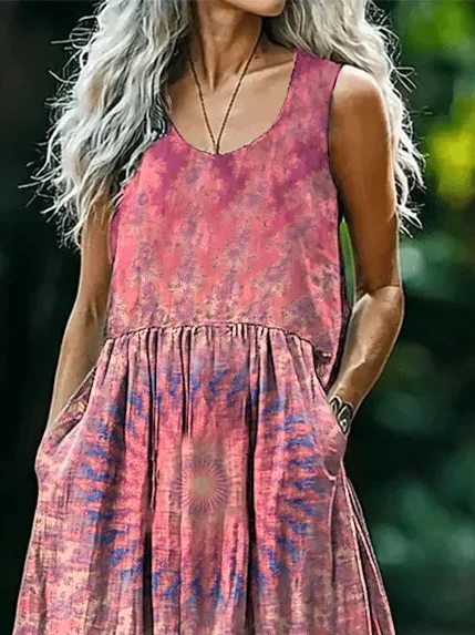 Women's Ombre Sleeveless Summer Printing Dress Crew Neck Daily Casual Maxi Tank H-Line Dress