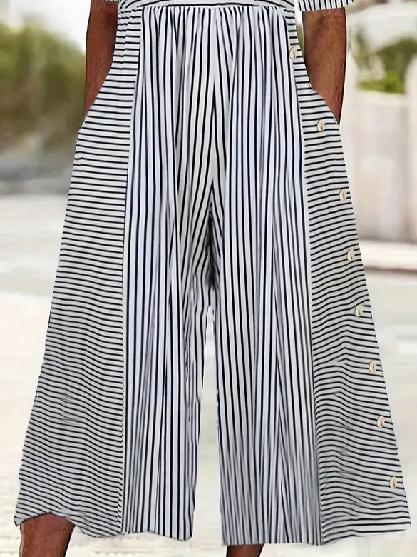 Women's Striped V Neck Half Sleeve Casual Summer Jumpsuit