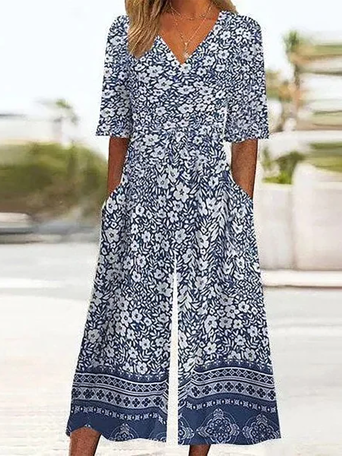 Women's Floral V Neck Half Sleeve Casual Summer Jumpsuit