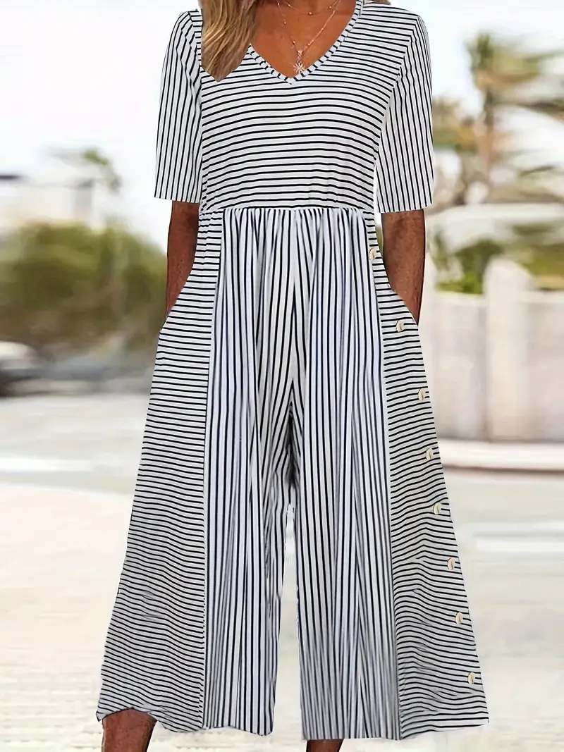 Women's Striped V Neck Half Sleeve Casual Summer Jumpsuit