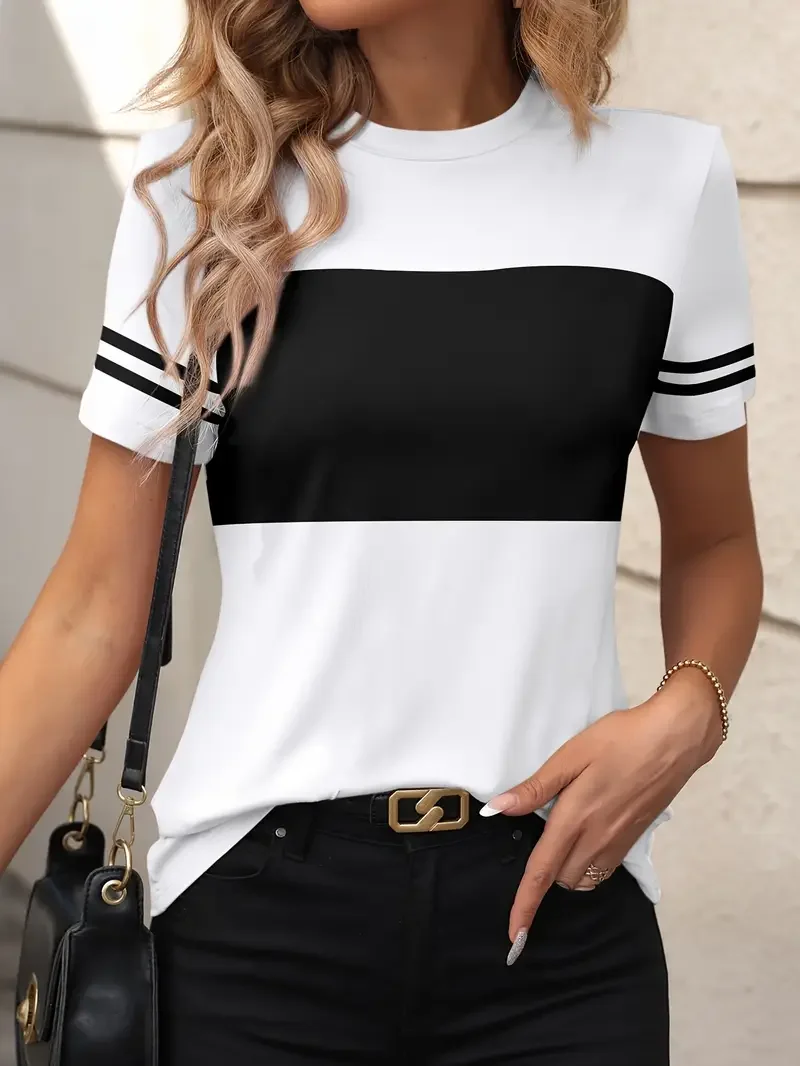 Women's Striped Short Sleeve Tee T-shirt Crew Neck Printing Casual Summer Graphic Tee Top