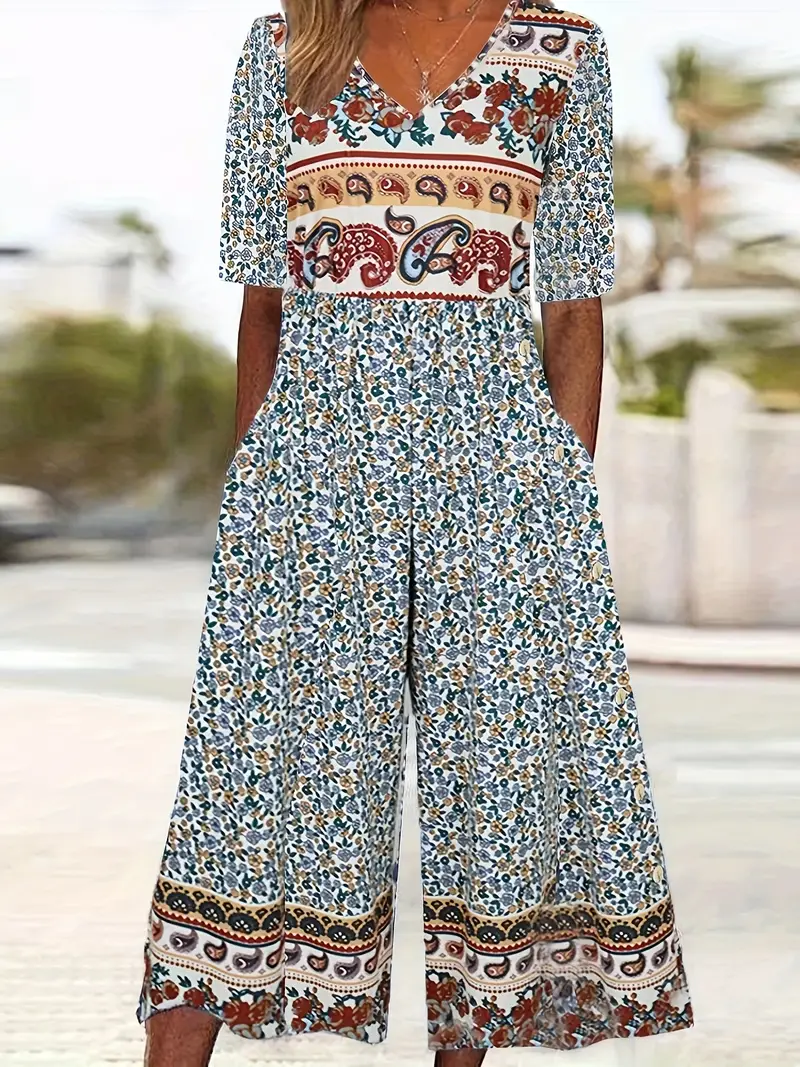 Women's Floral V Neck Half Sleeve Casual Summer Jumpsuit