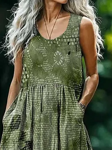 Women's Floral Sleeveless Summer Printing Dress Crew Neck Daily Casual Maxi Tank H-Line Dress