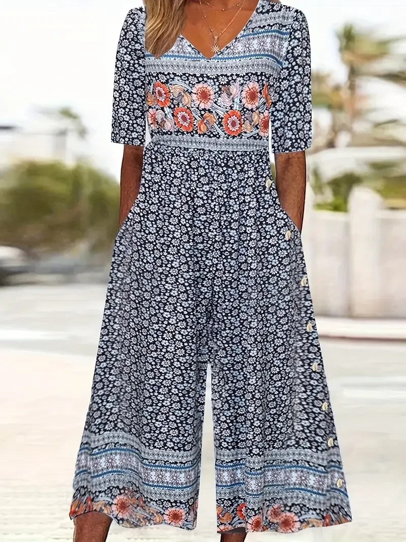 Women's Floral V Neck Half Sleeve Casual Summer Jumpsuit