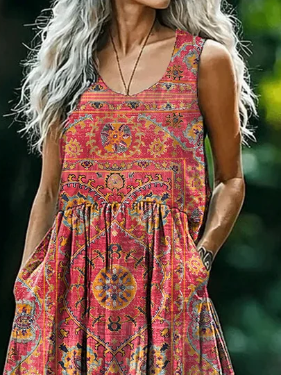 Women's Floral Sleeveless Summer Printing Dress Crew Neck Daily Casual Maxi Tank H-Line Dress