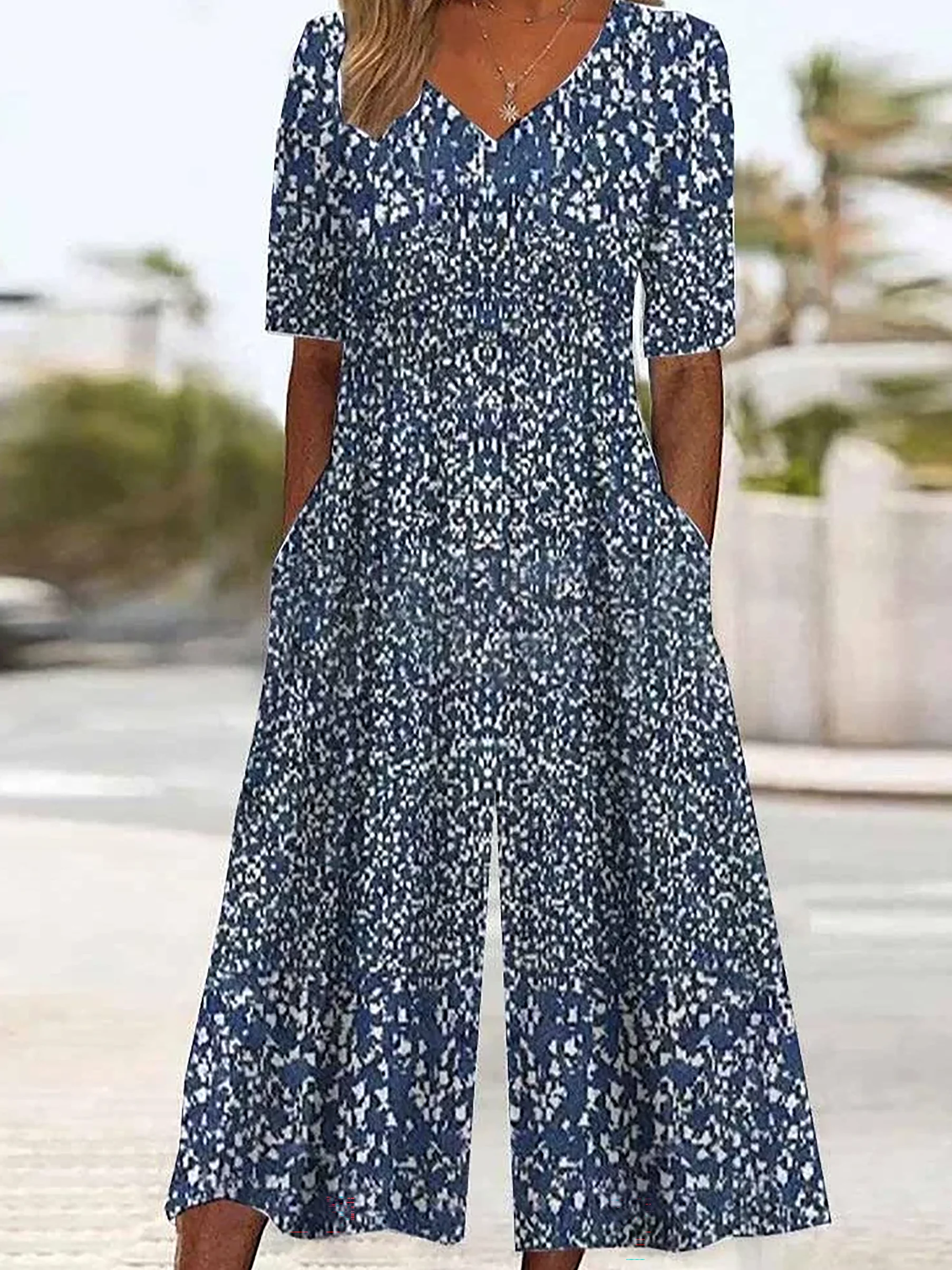 Women's Floral V Neck Half Sleeve Casual Summer Jumpsuit