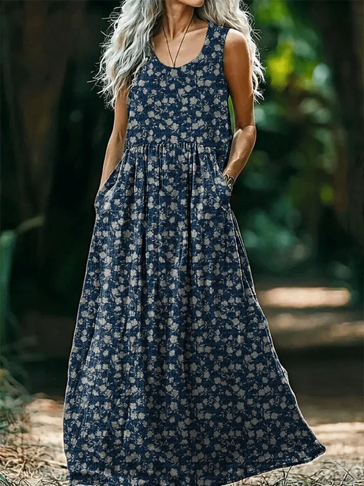 Women's Floral Sleeveless Summer Printing Dress Crew Neck Daily Casual Maxi Tank H-Line Dress