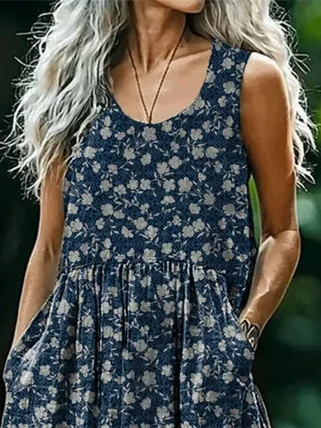 Women's Floral Sleeveless Summer Printing Dress Crew Neck Daily Casual Maxi Tank H-Line Dress