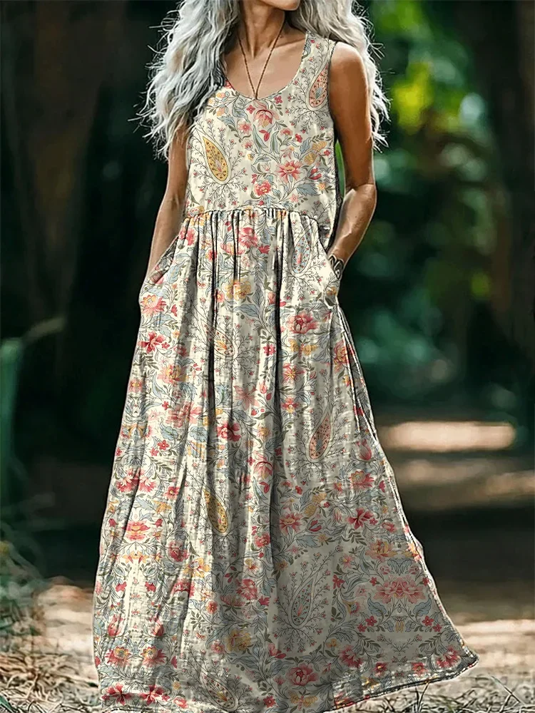 Women's Floral Sleeveless Summer Printing Dress Crew Neck Daily Casual Maxi Tank H-Line Dress