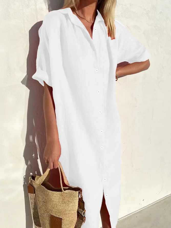 Women's Plain Half Sleeve Summer Printing Dress Shirt Collar Daily Casual Maxi Shirt Dress H-Line Dress