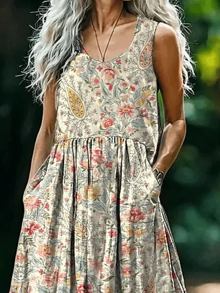 Women's Floral Sleeveless Summer Printing Dress Crew Neck Daily Casual Maxi Tank H-Line Dress