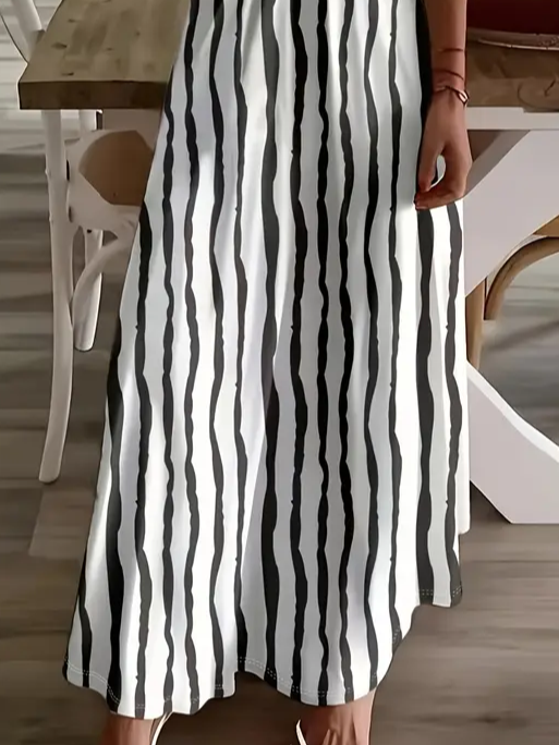 Women Striped Sleeveless Summer Printing Dress V Neck Daily Casual Maxi Slip Dress X-Line Dress