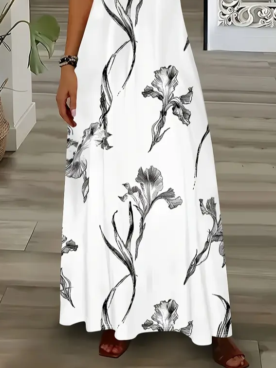 Women Floral Sleeveless Summer Printing Dress V Neck Daily Casual Maxi Slip Dress X-Line Dress