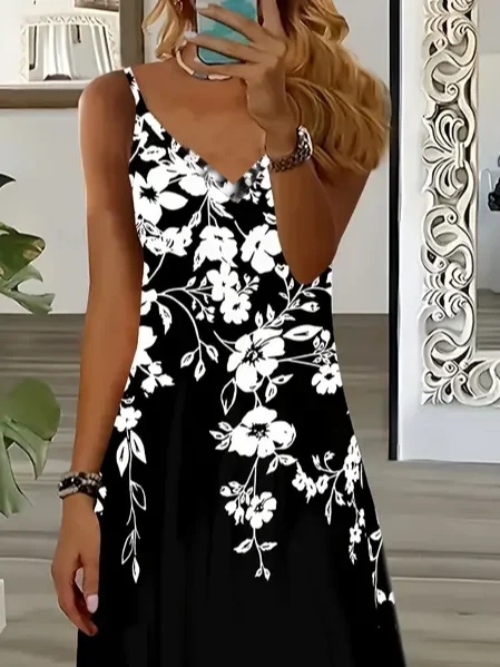 Women Floral Sleeveless Summer Printing Dress V Neck Daily Casual Maxi Slip Dress X-Line Dress