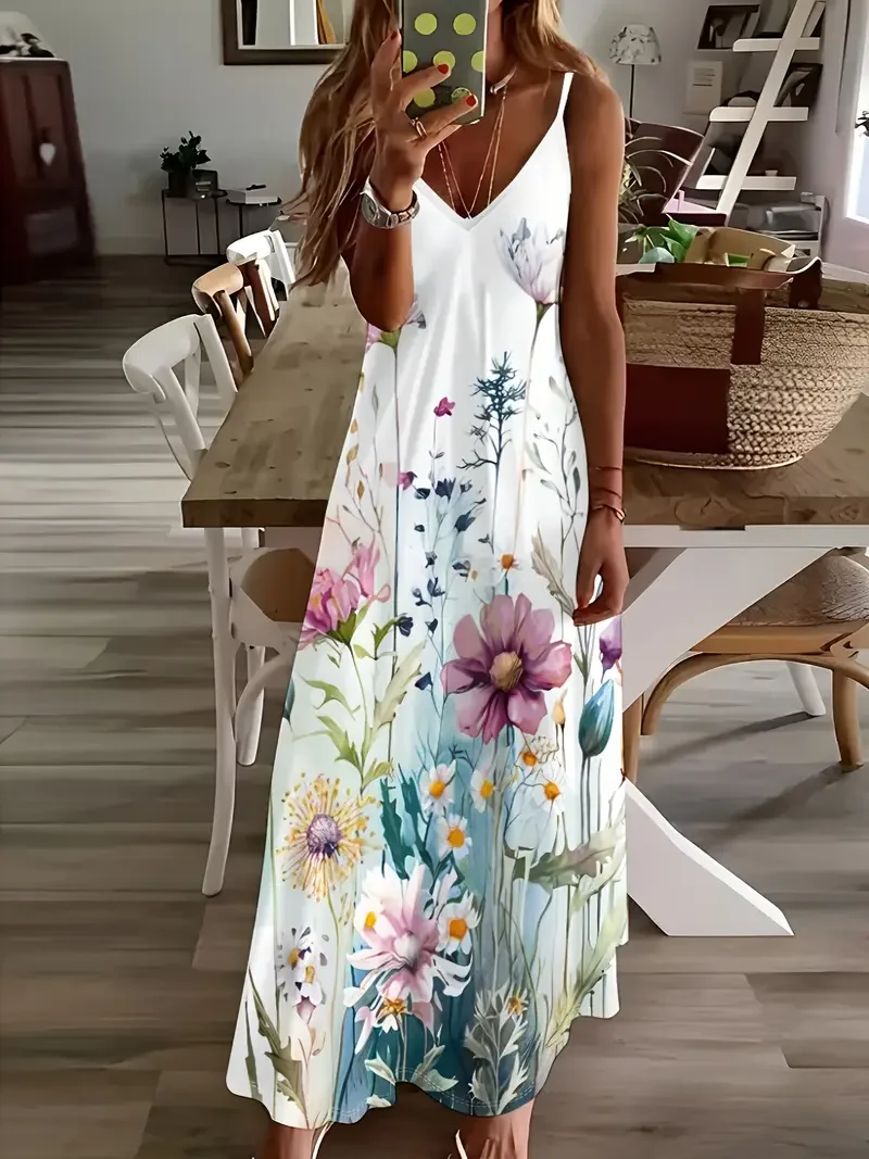 Women Floral Sleeveless Summer Printing Dress V Neck Daily Casual Maxi Slip Dress X-Line Dress