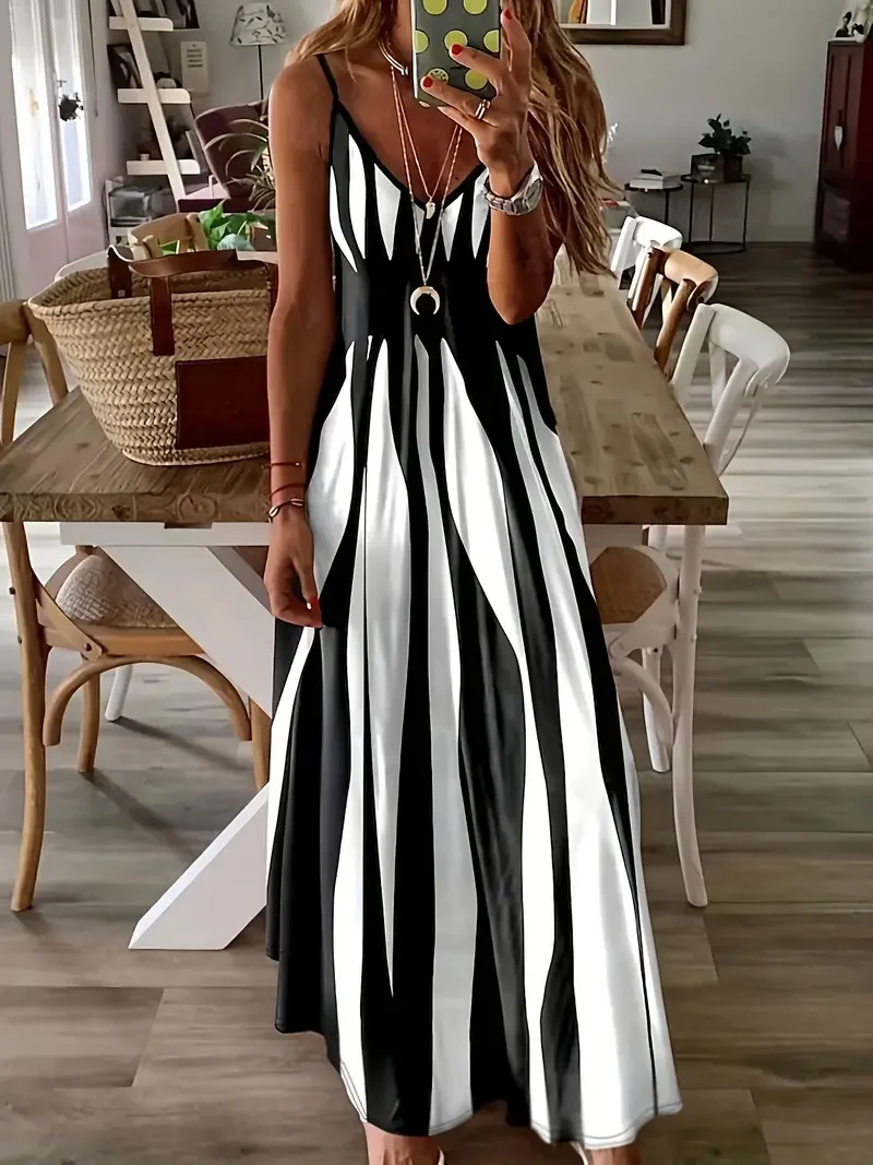 Women Abstract Stripes Sleeveless Summer Printing Dress V Neck Daily Casual Maxi Slip Dress X-Line Dress