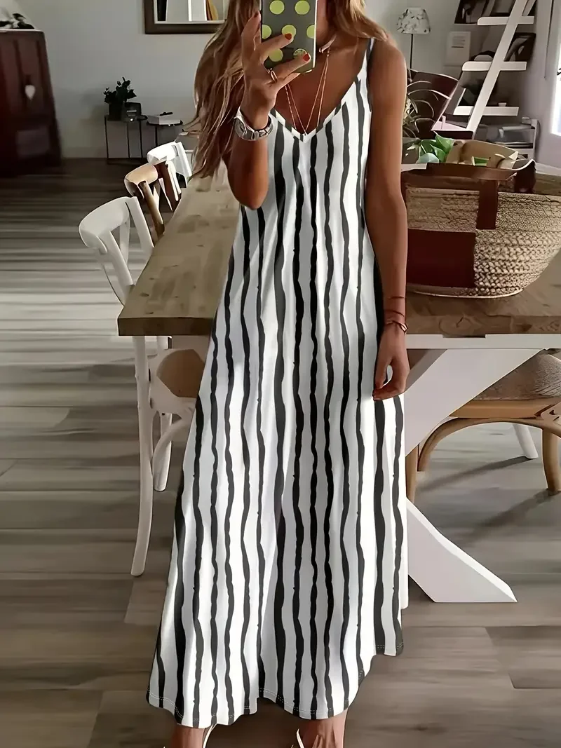 Women Striped Sleeveless Summer Printing Dress V Neck Daily Casual Maxi Slip Dress X-Line Dress