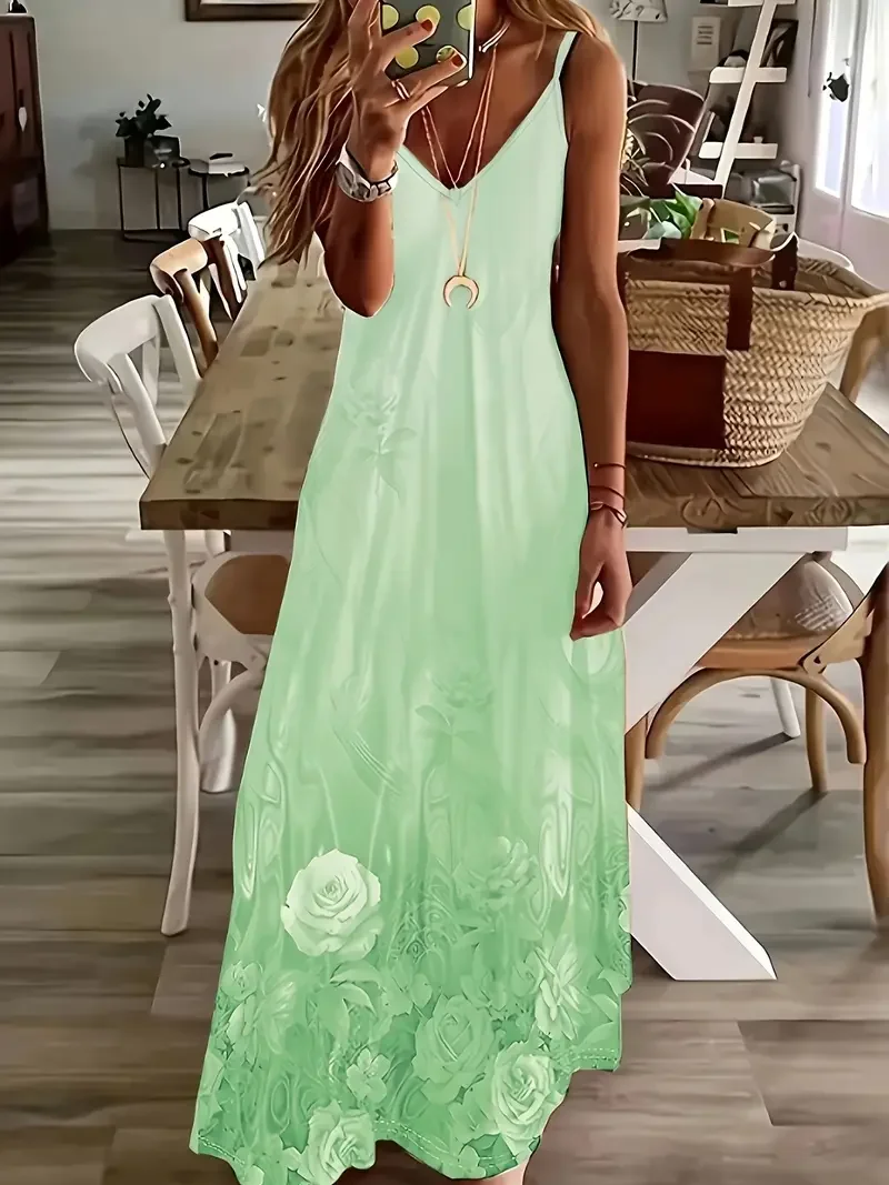 Women Floral Sleeveless Summer Printing Dress V Neck Daily Casual Maxi Slip Dress X-Line Dress