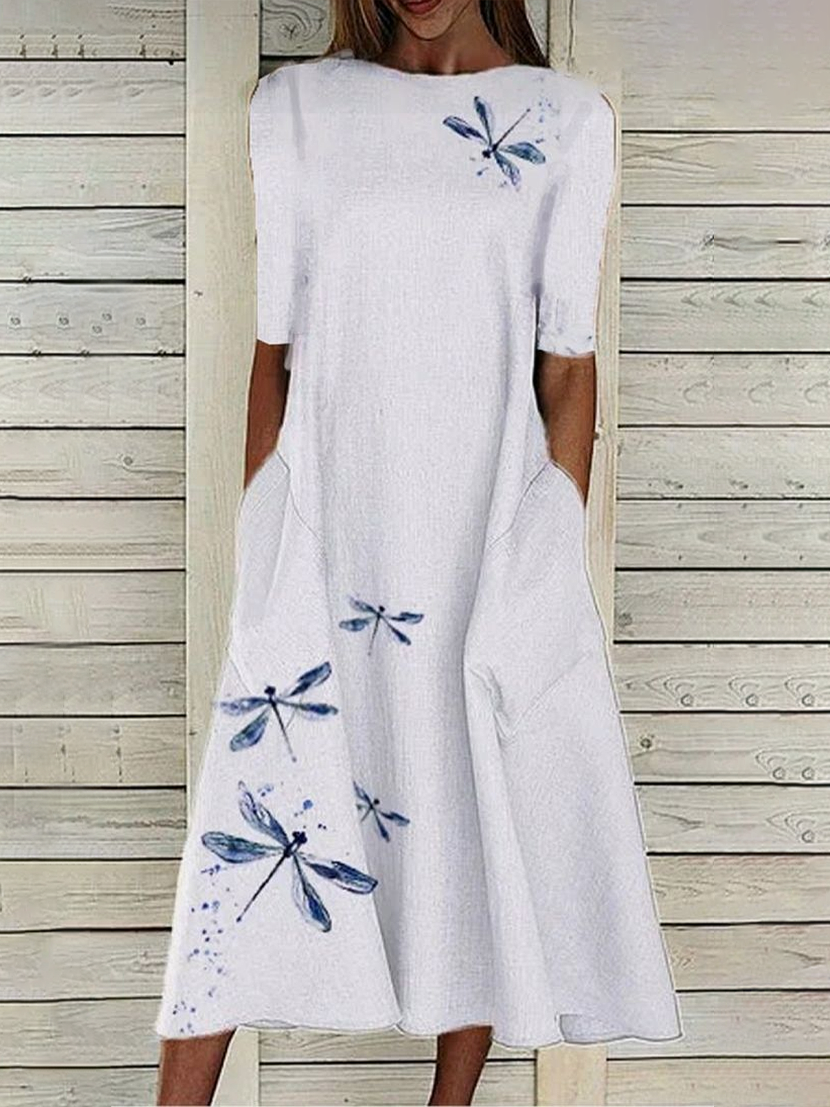 Women Dragonfly Short Sleeve Summer Printing Dress Crew Neck Daily Casual Maxi Shift Dress H-Line Dress