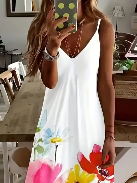 Women Floral Sleeveless Summer Printing Dress V Neck Daily Casual Maxi Slip Dress X-Line Dress