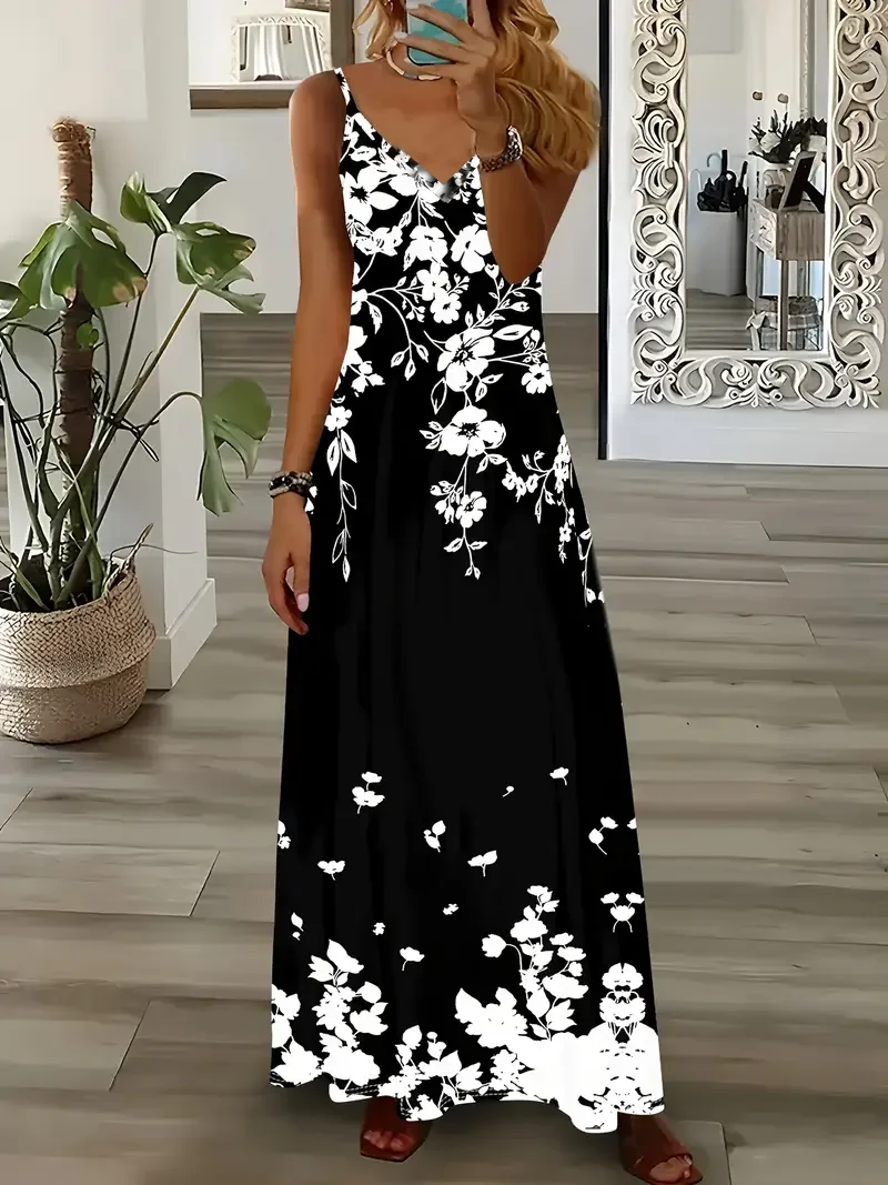 Women Floral Sleeveless Summer Printing Dress V Neck Daily Casual Maxi Slip Dress X-Line Dress