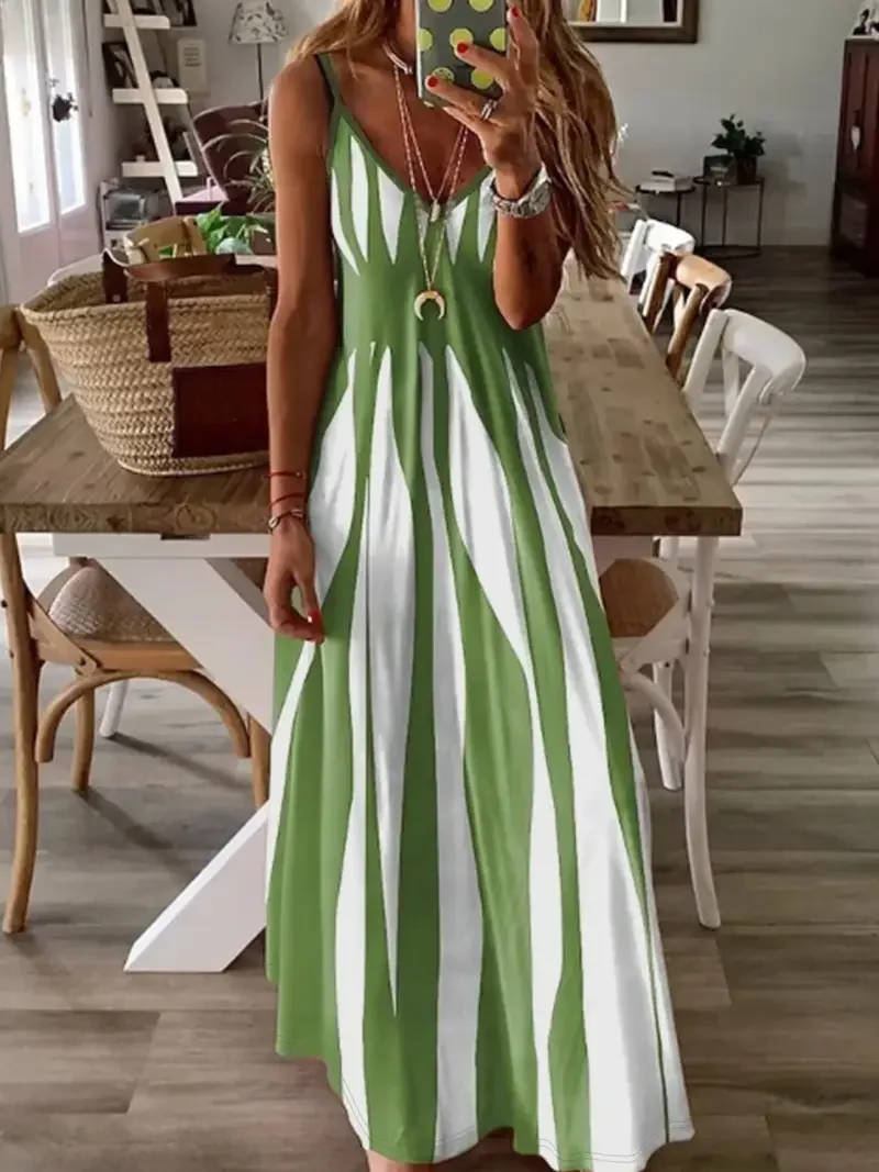 Women Abstract Stripes Sleeveless Summer Printing Dress V Neck Daily Casual Maxi Slip Dress X-Line Dress