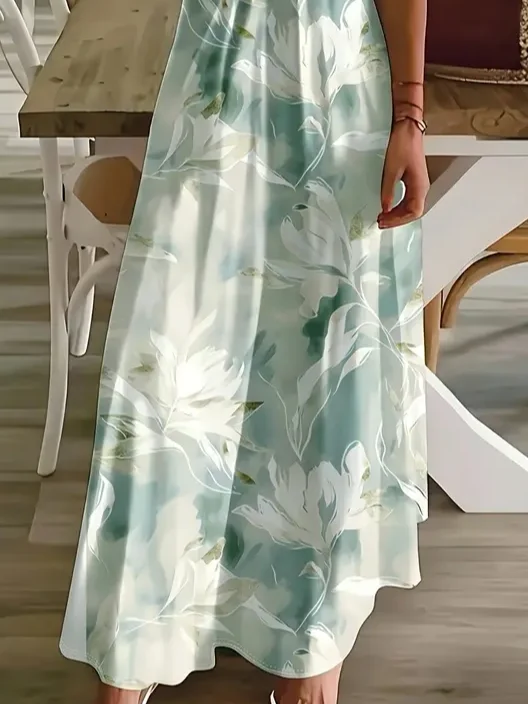 Women Floral Sleeveless Summer Printing Dress V Neck Daily Casual Maxi Slip Dress X-Line Dress