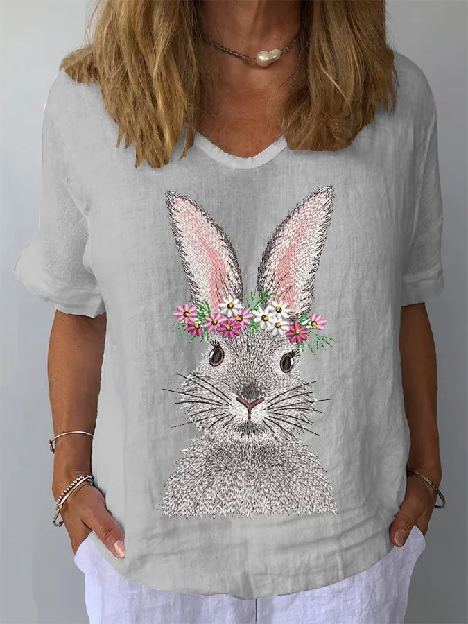Women Easter (rabbit) Short Sleeve Blouse Summer Crew Neck Daily Casual Top