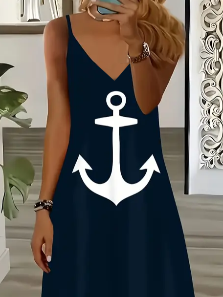 Women Anchor Sleeveless Summer Printing Dress V Neck Daily Casual Maxi Slip Dress X-Line Dress