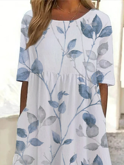 Women Floral Short Sleeve Summer Printing Dress Crew Neck Daily Casual Maxi Shift Dress H-Line Dress