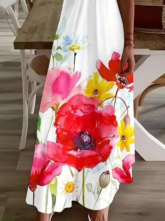 Women Floral Sleeveless Summer Printing Dress V Neck Daily Casual Maxi Slip Dress X-Line Dress