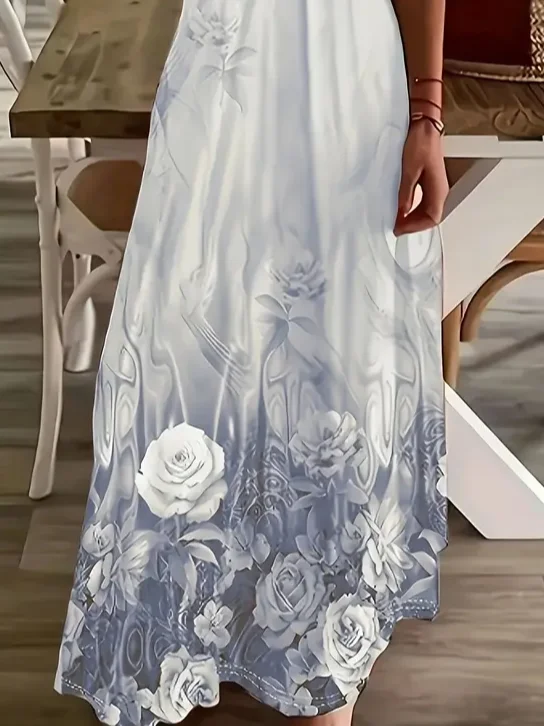 Women Floral Sleeveless Summer Printing Dress V Neck Daily Casual Maxi Slip Dress X-Line Dress