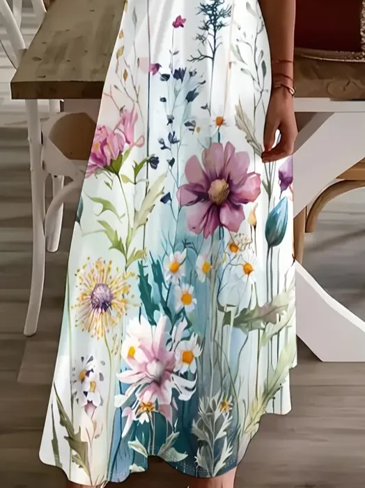 Women Floral Sleeveless Summer Printing Dress V Neck Daily Casual Maxi Slip Dress X-Line Dress