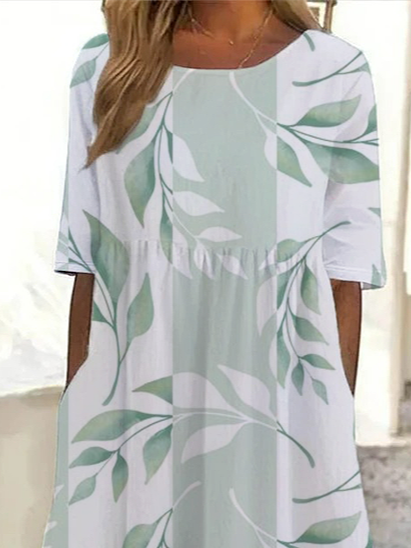 Women Floral Short Sleeve Summer Printing Dress Crew Neck Daily Casual Maxi Shift Dress H-Line Dress