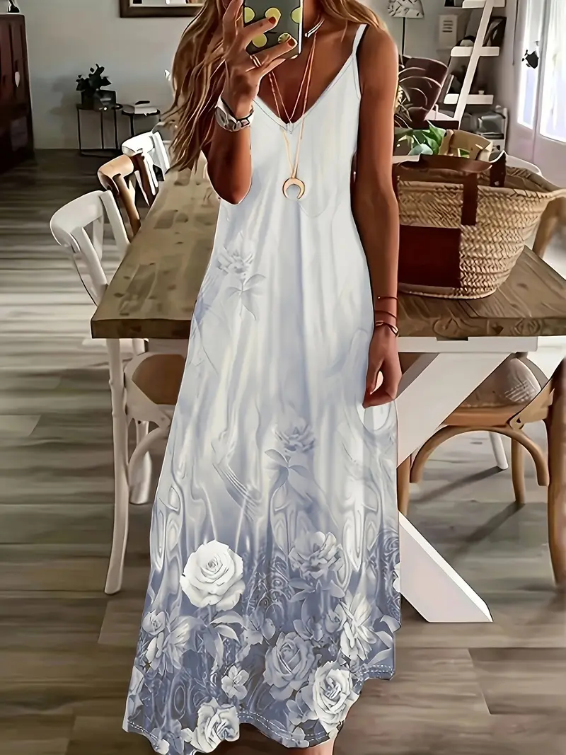 Women Floral Sleeveless Summer Printing Dress V Neck Daily Casual Maxi Slip Dress X-Line Dress