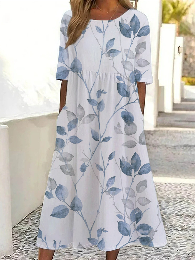 Women Floral Short Sleeve Summer Printing Dress Crew Neck Daily Casual Maxi Shift Dress H-Line Dress