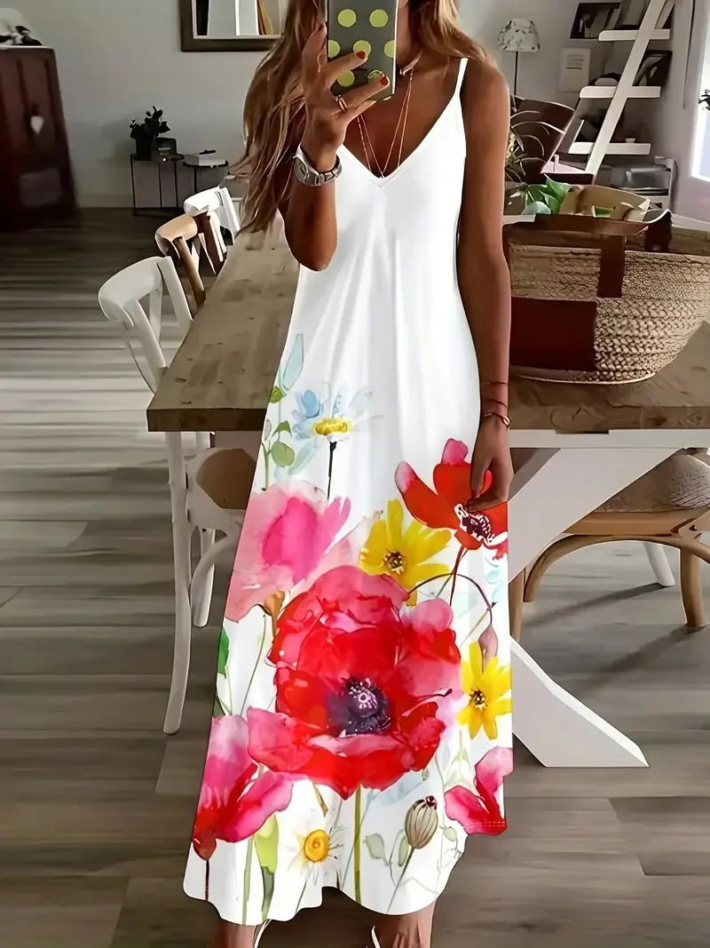 Women Floral Sleeveless Summer Printing Dress V Neck Daily Casual Maxi Slip Dress X-Line Dress